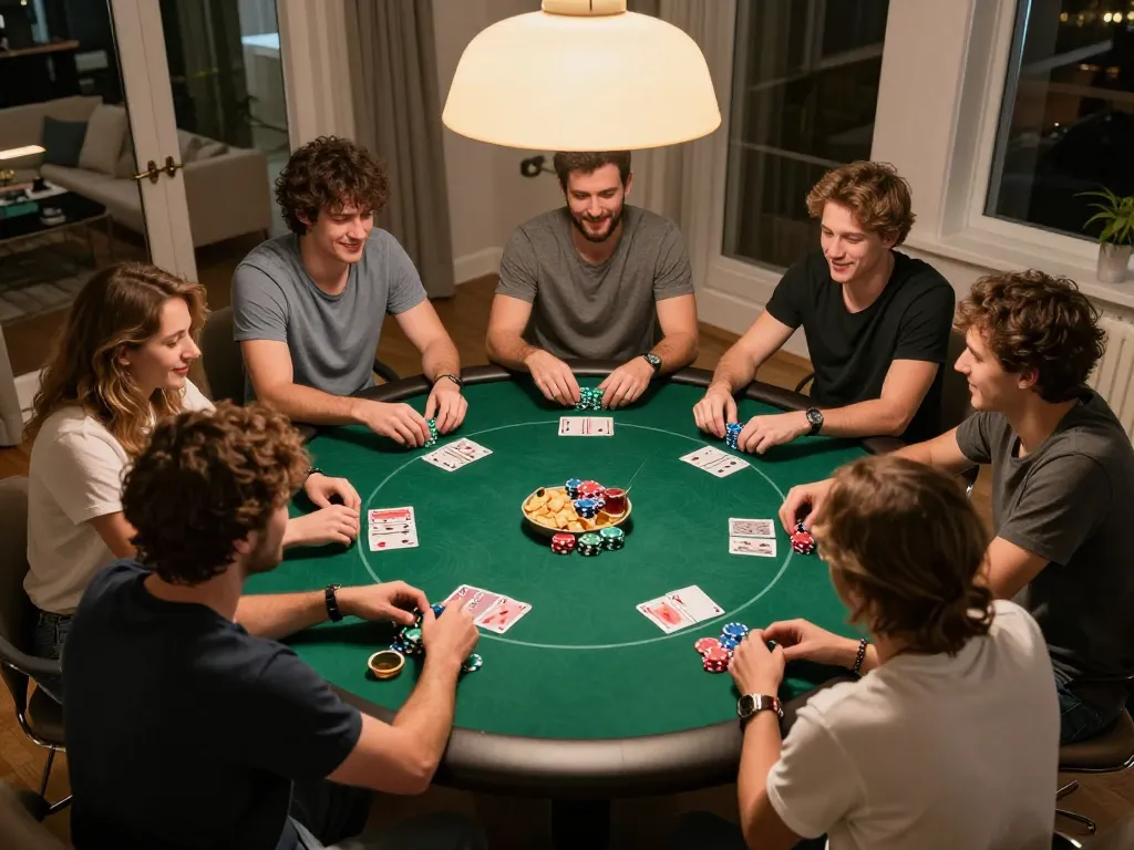 Players enjoy a casual poker night at home in an engaging scene focused on ok8386 strategies.