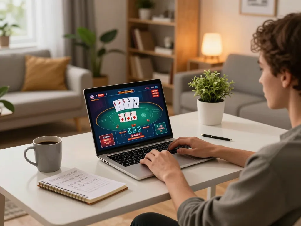 Engaging in online gaming at trang chủ HM88, showcasing an exciting poker game on a laptop in a cozy setting.
