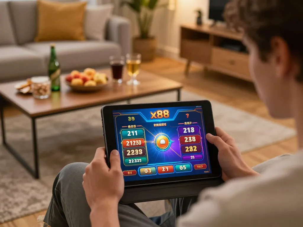 Engaging with an x88 online casino interface while relaxing at home.