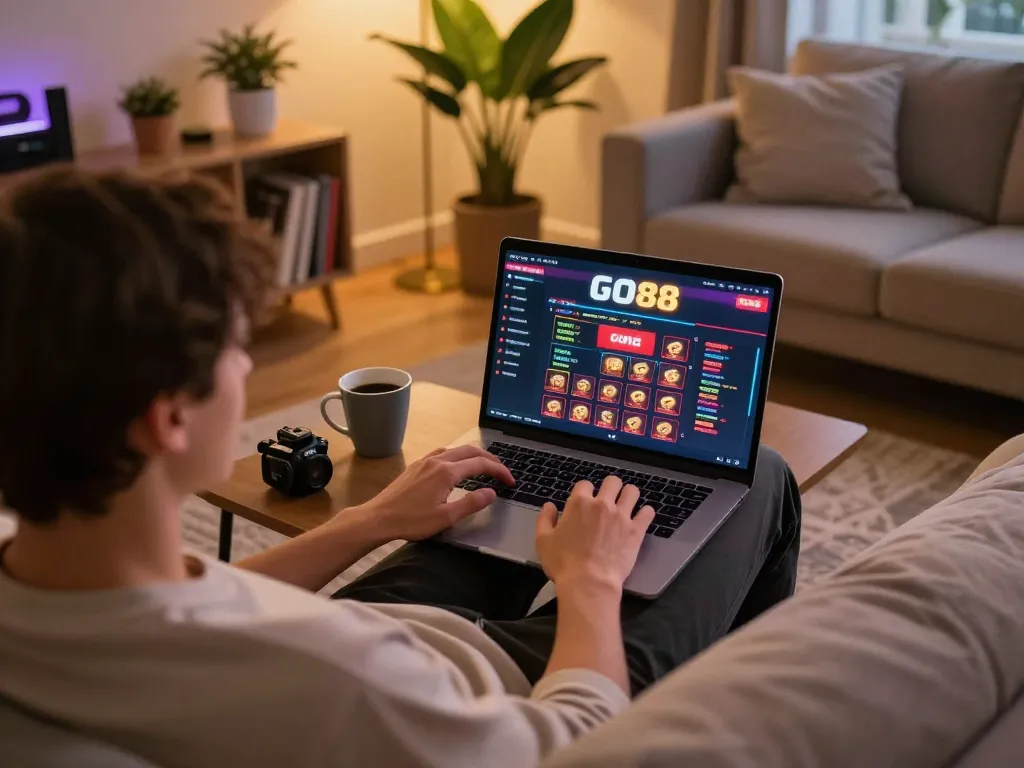 Engaging with GO88 online casino from a cozy home setting, combining strategic gaming with relaxation.