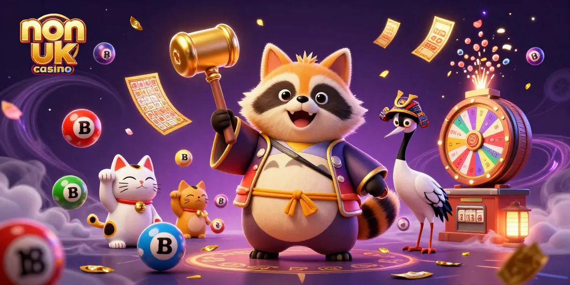 Play exciting games at a non uk casino, featuring a vibrant 3D tanuki and colorful lottery elements.