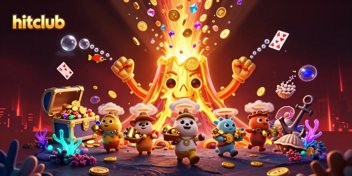 hitclub offers thrilling casino adventures, featuring a triumphant volcano and treasure-filled cartoon scene animated with energy