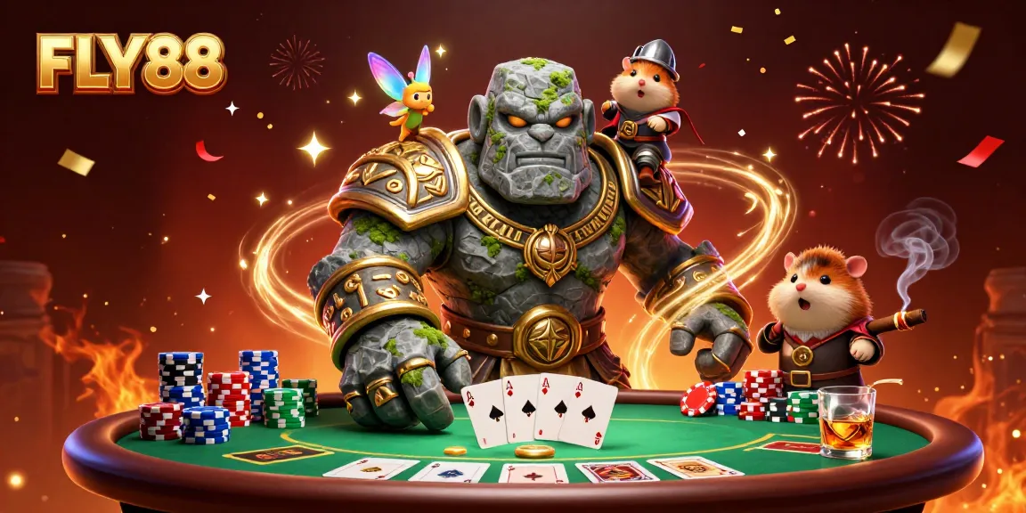 Engage with FLY88 and win big at an exciting poker game illustrated with vibrant characters and casino elements.