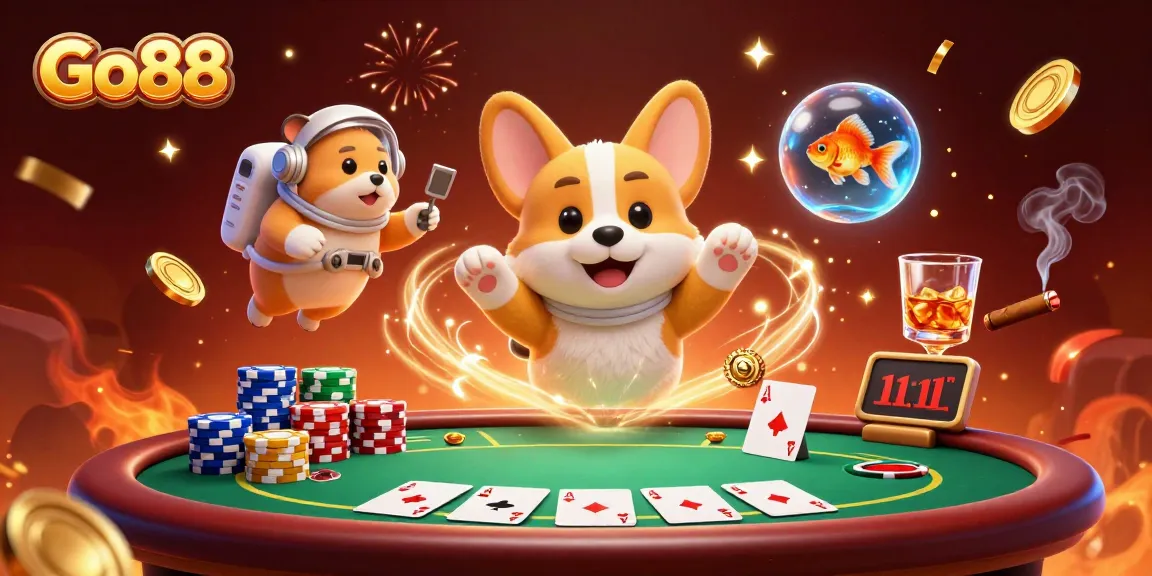 Experience thrilling games at Go88 with a 3D astronaut corgi in a vibrant casino scene.