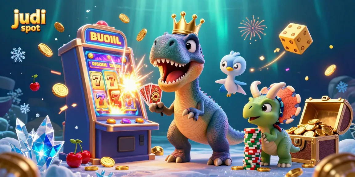 Engaging 3D illustration where judi slot takes center stage with T-Rex, coins, and vibrant casino elements.