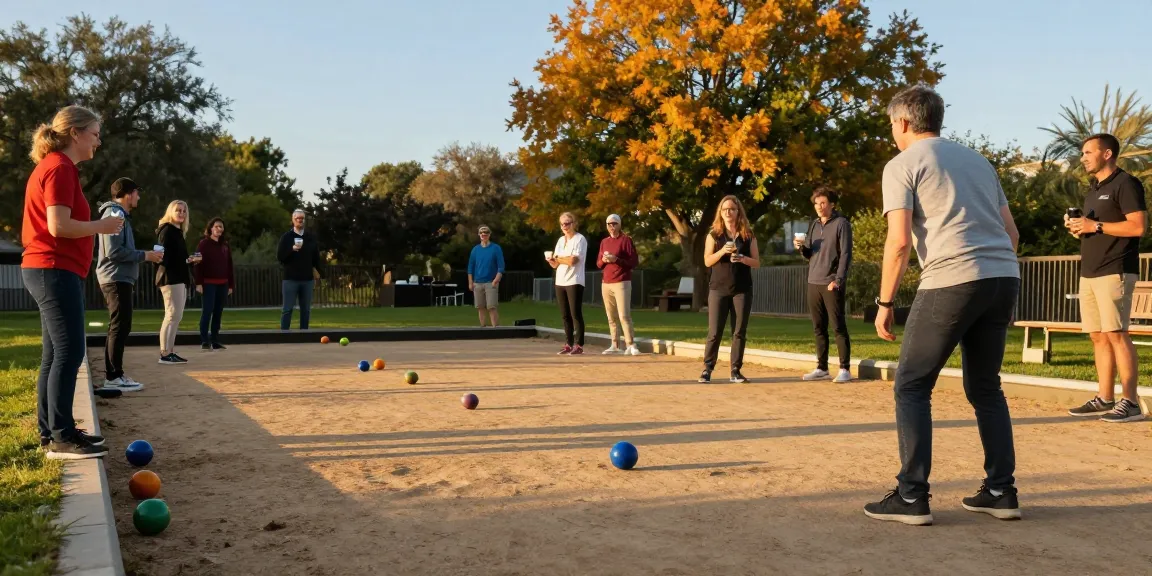 Community petanque match on fopikotapalu.org court under golden hour.