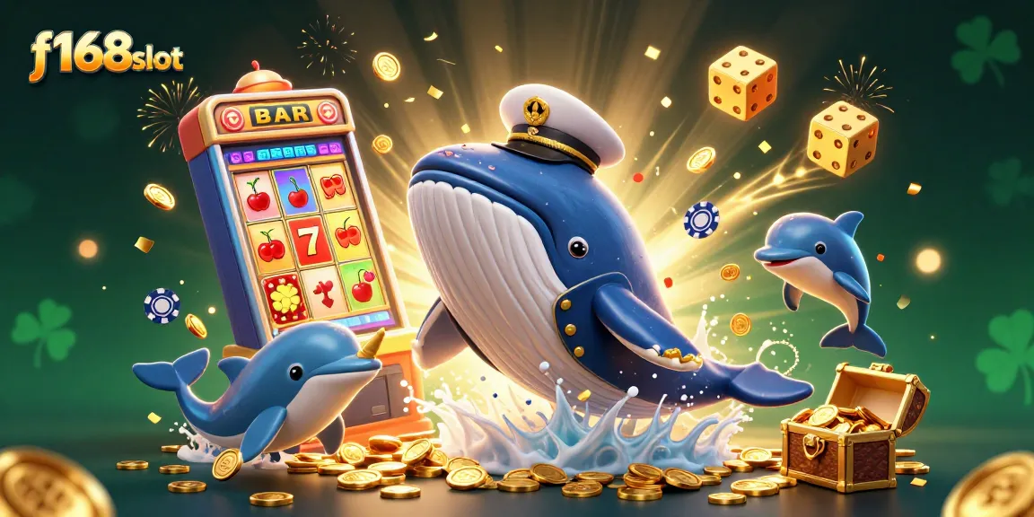 Experience the excitement of f168slot gaming with our lively casino-themed illustration featuring playful aquatic characters.