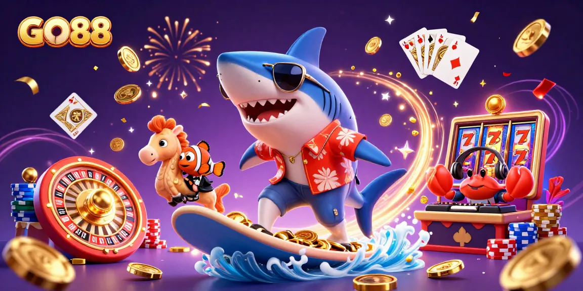 Experience gaming excitement at GO88 with a whimsical 3D casino scene featuring vibrant characters among coins and games.
