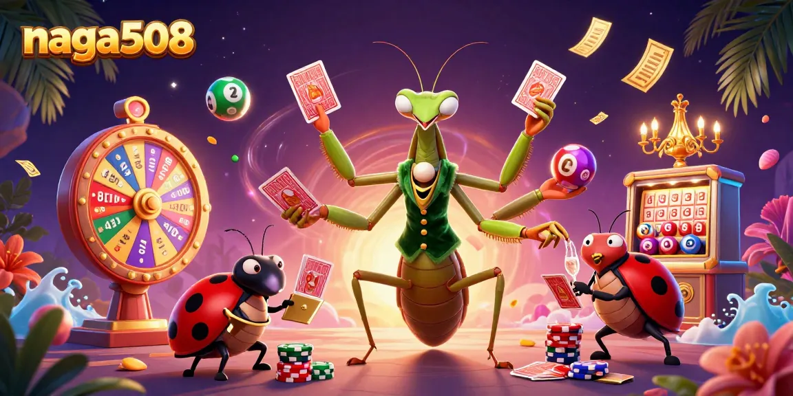 Naga508 features a cartoon praying mantis card sharp and a ladybug pit boss in a vibrant casino scene with lottery elements.