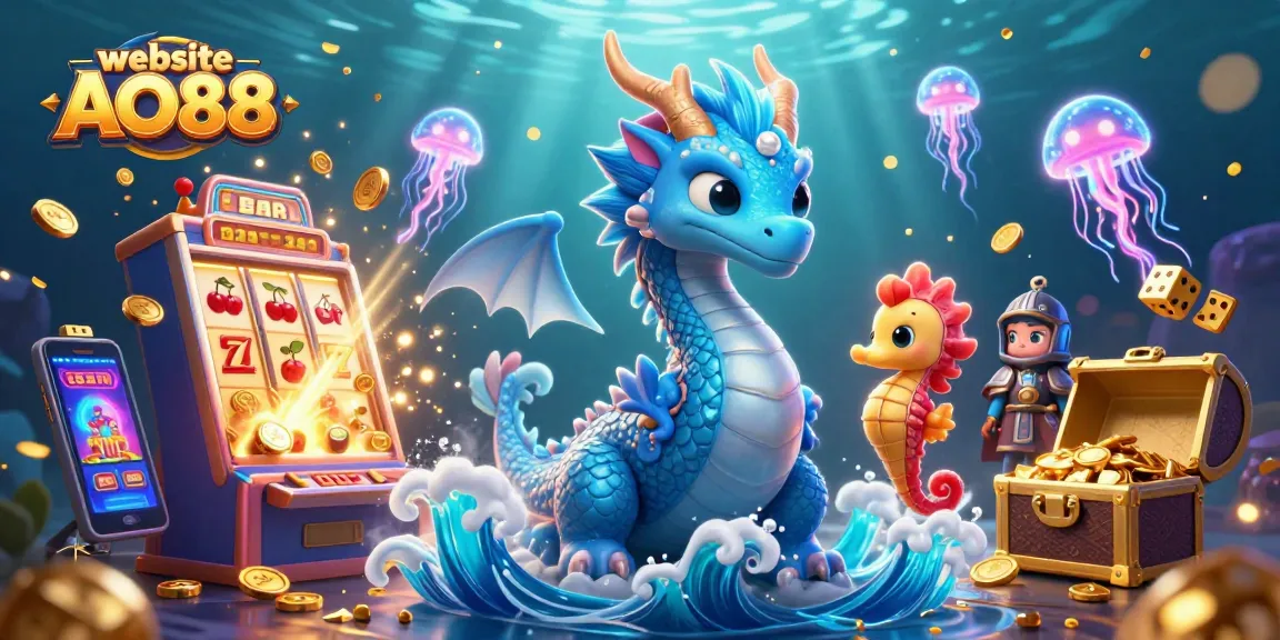 Experience the excitement of slots at website AO88 with vibrant gaming elements and a dynamic underwater scene.