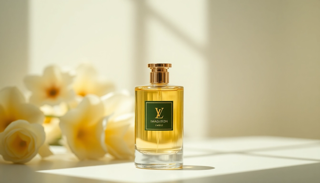 Aromatic bottle of Lv imagination fragrance displayed elegantly amidst soft floral background. related image