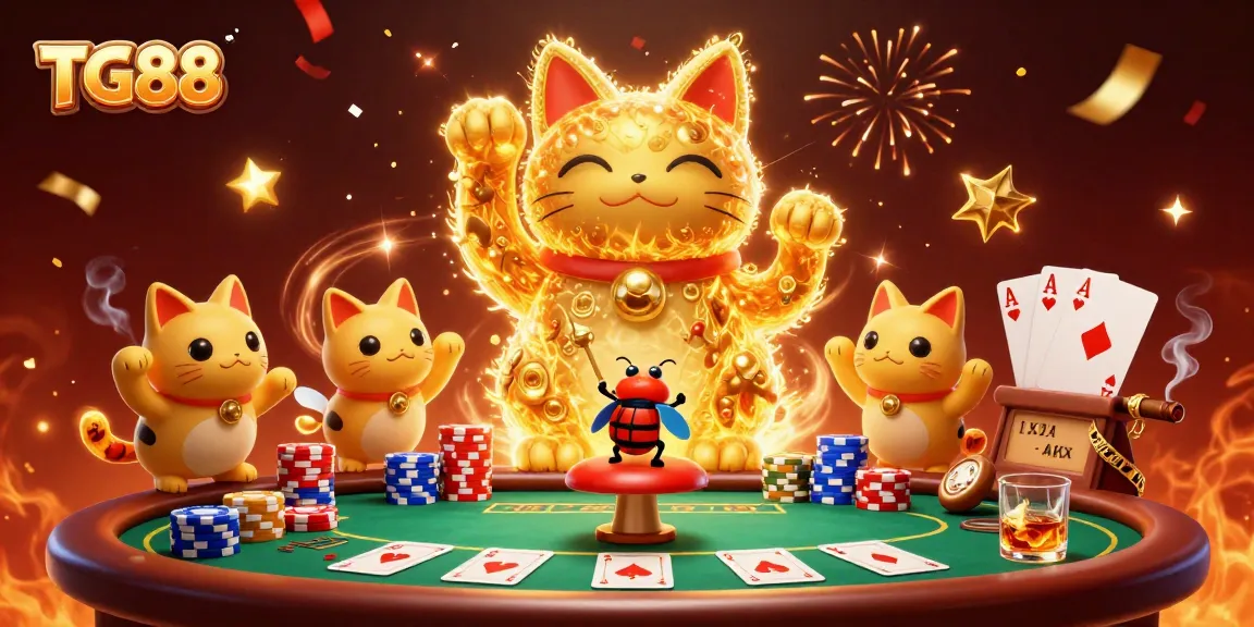 Engage with TG88's lively casino experience, showcasing a giant lucky cat and vibrant gaming atmosphere.