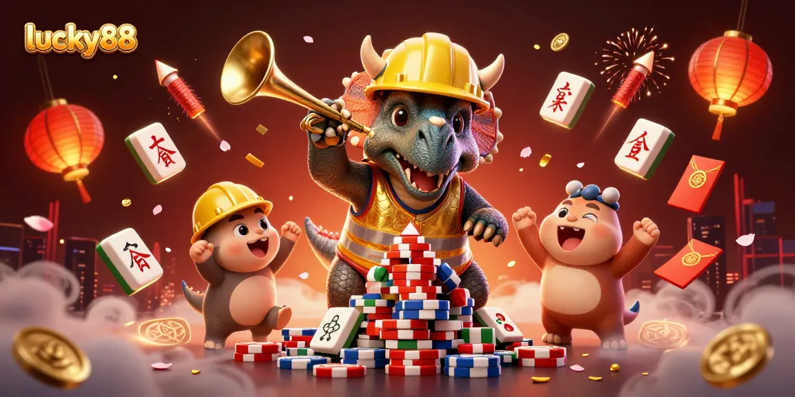 Experience the excitement at lucky88 with dynamic casino elements and cheerful characters celebrating wins.