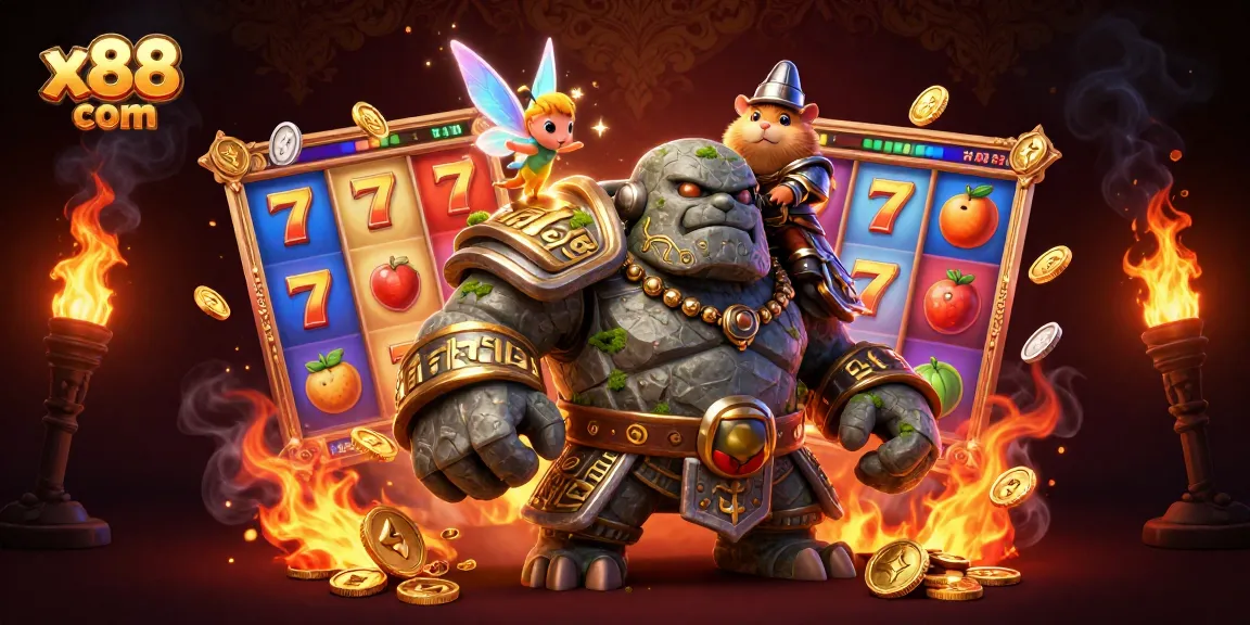 Experience the excitement of x88 com with a vibrant 3D illustration of a gaming scene featuring a golem and charming characters.