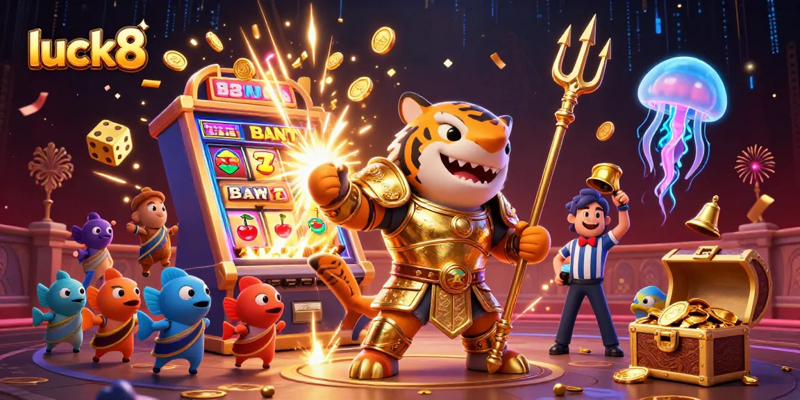 Join the excitement at luck8 with vibrant casino games, illustrated by a trident-wielding shark gladiator.