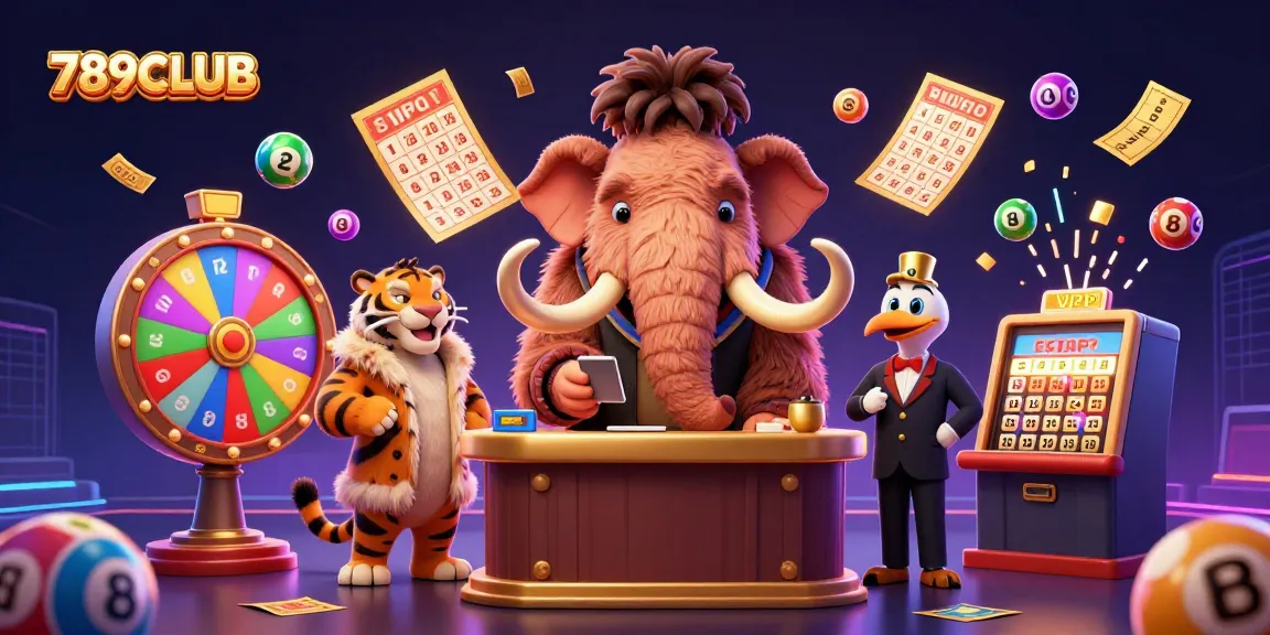 Experience the excitement of 789CLUB with vibrant lottery balls and dynamic casino characters.