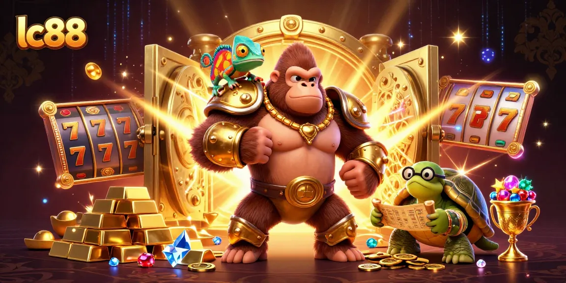 Engage with lc88's vibrant casino experience featuring a powerful gorilla king, treasures, and slot machine elements.