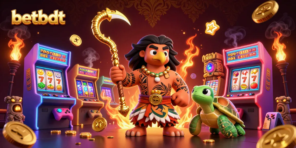 Betbdt showcases vibrant 3D casino elements with a demigod and arcade games in a captivating scene.