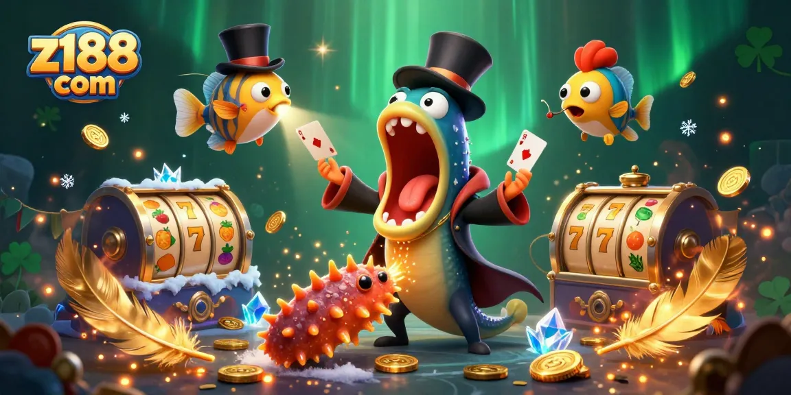 Join exciting games at z188 com while the gulper eel performs card tricks in an interactive casino scene.