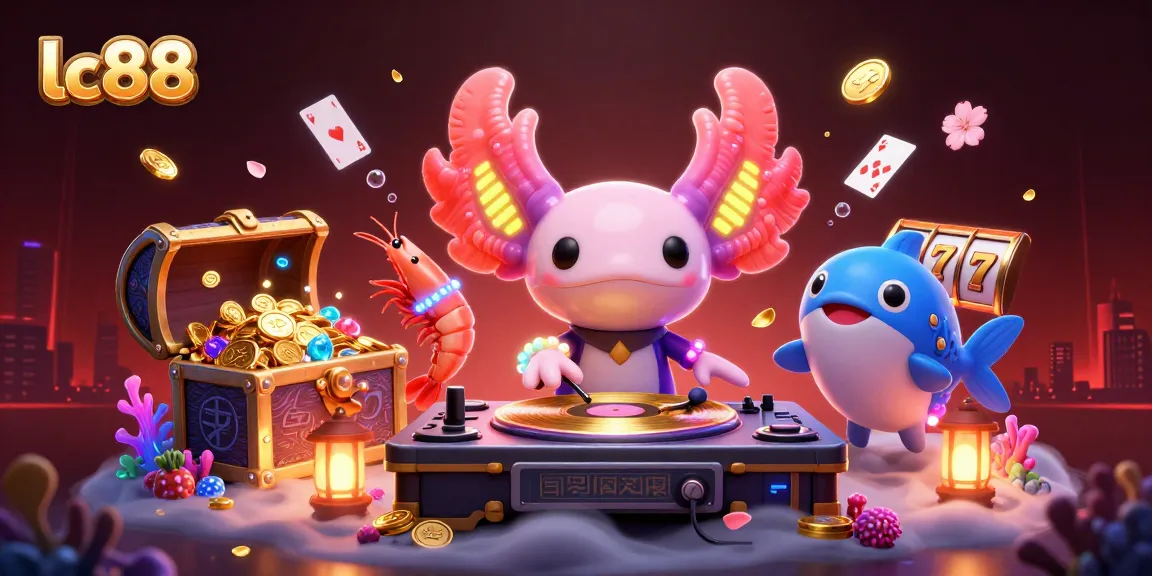 Experience the thrill of lc88 with a vibrant underwater scene featuring a DJ axolotl and dynamic gaming elements.