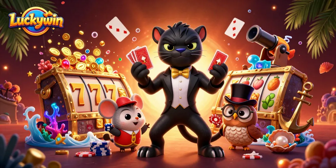 Experience thrilling gameplay at Luckywin with a panther dealer, owl, and mouse amidst vibrant casino elements.