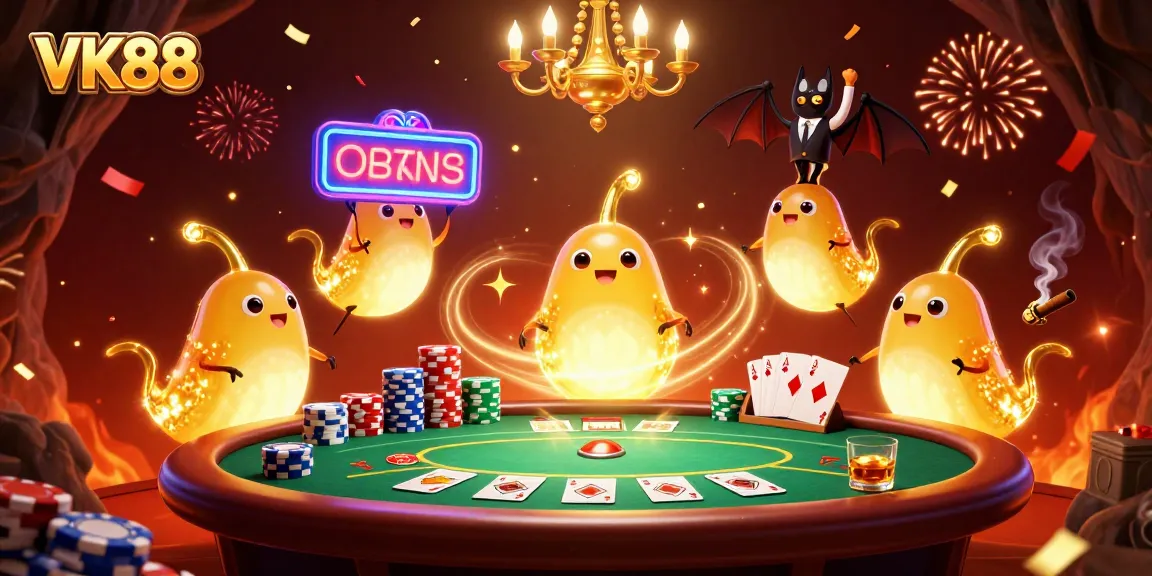 Engage with VK88's vibrant cave casino, illuminated by glowworms as they deal cards and chips.