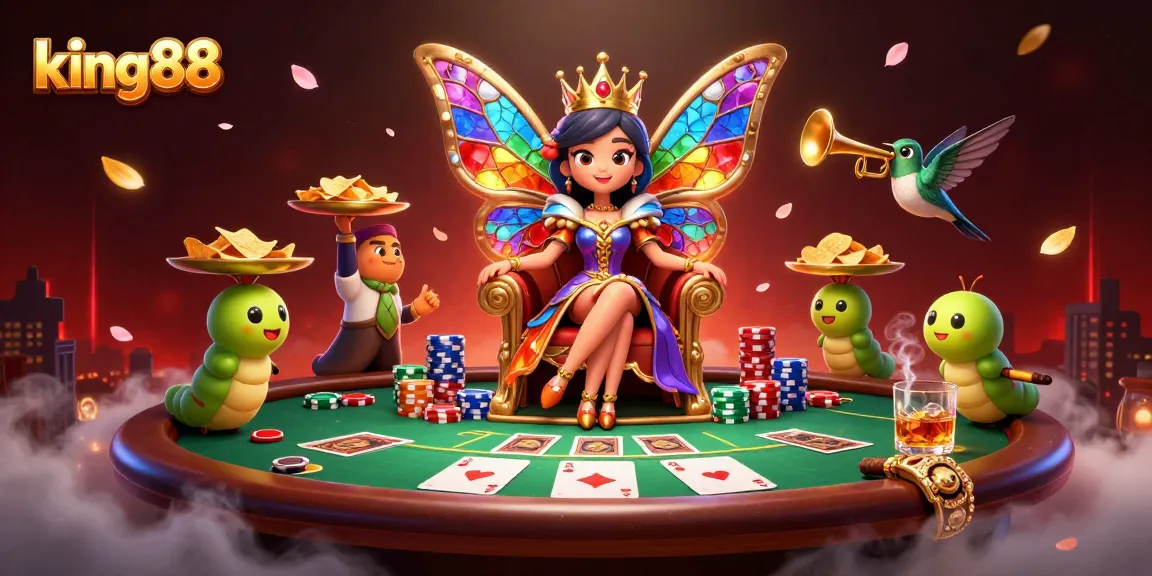 Engage with king88's vibrant 3D casino scene featuring a butterfly queen and high-stakes poker.