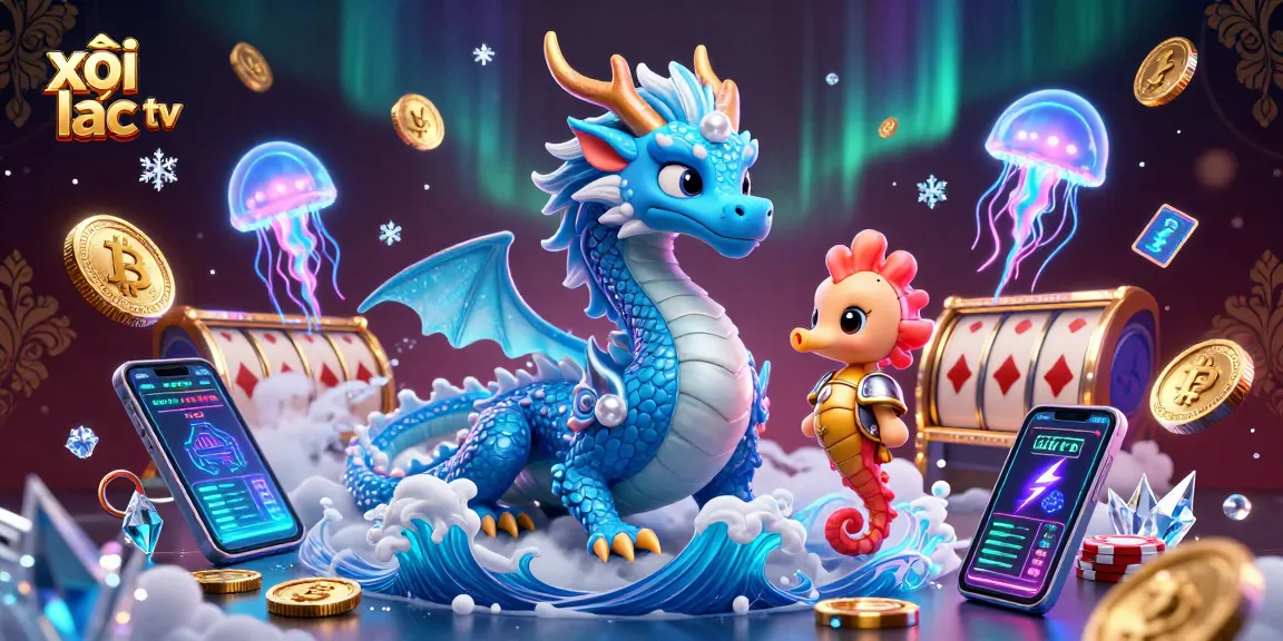 Xôi lạc TV offers an exciting scene with a water dragon and gambling elements like slot reels and poker chips.