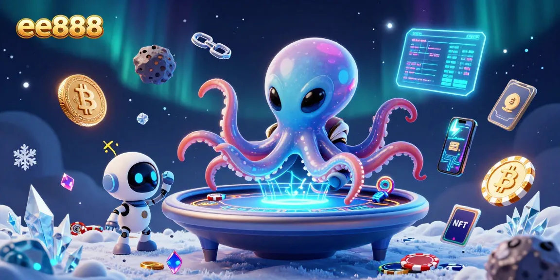 Experience ee888 thrilling poker action with a cosmic octopus dealer and neon crypto coins