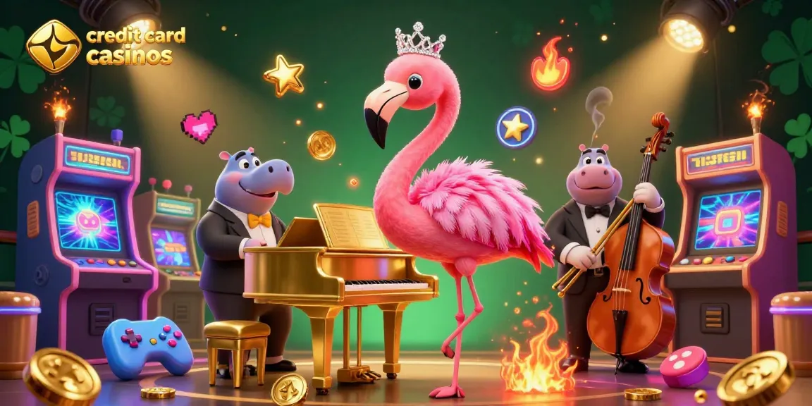 Engage with credit card casinos through lively characters in a vibrant casino setting.