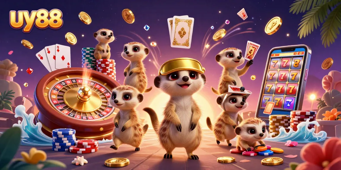 Experience exciting casino action at uy88 with vibrant meerkats managing games and treasure.