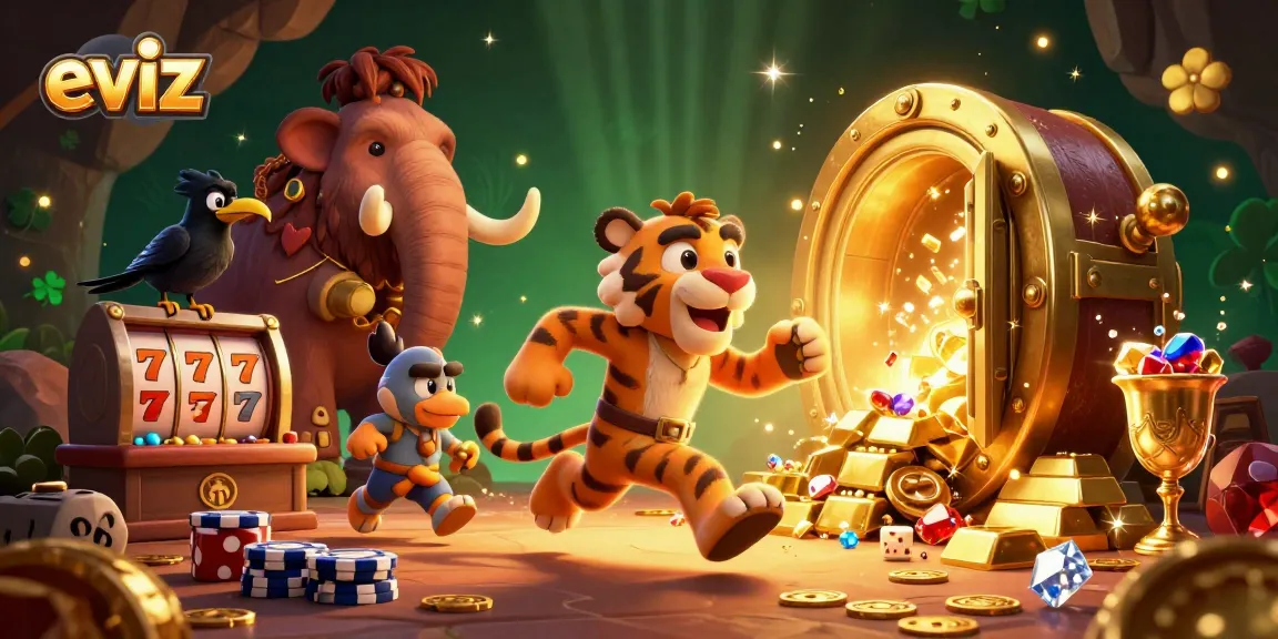 eviz casino scene shows a caveman and sabertooth tiger enjoying games with treasure and vibrant lights.