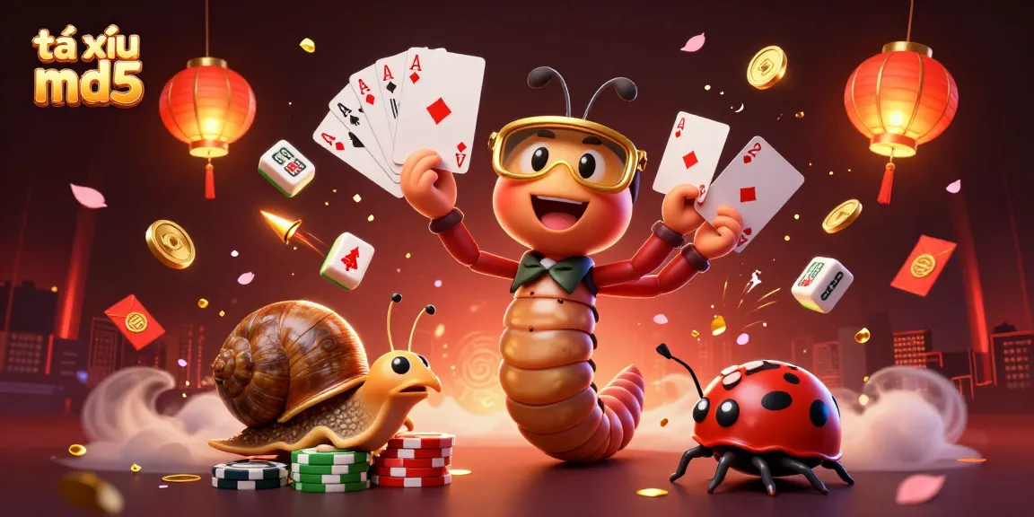 A game scene with a 3D cartoon millipede dealer showcasing tài xỉu md5 and vibrantly illuminated elements.
