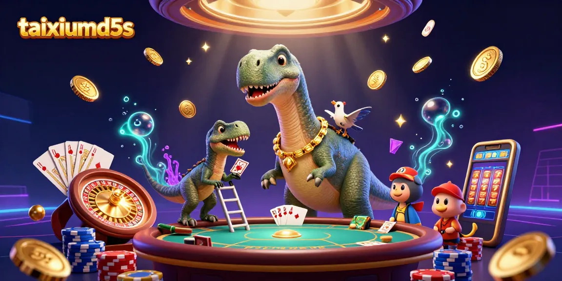 Experience taixiumd5s with a towering dinosaur dealer, dynamic casino elements, and vibrant colors!