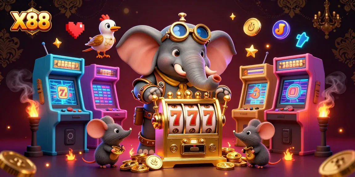 X88 slot machine scene with a steampunk elephant engineer, colorful game elements, and vibrant casino atmosphere.